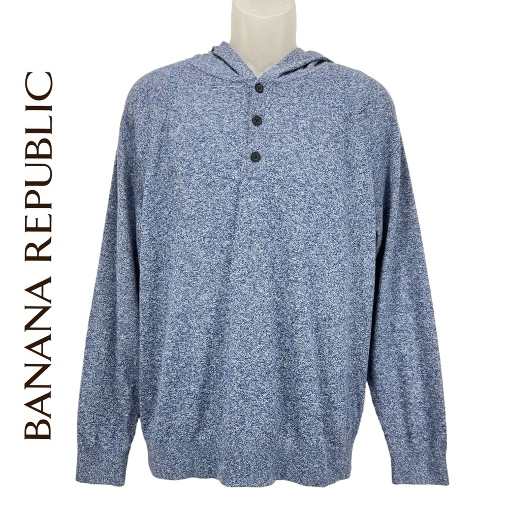 Banana Republic Men Large Blue‎ Pullover Hooded Henley Lightweight Sweater